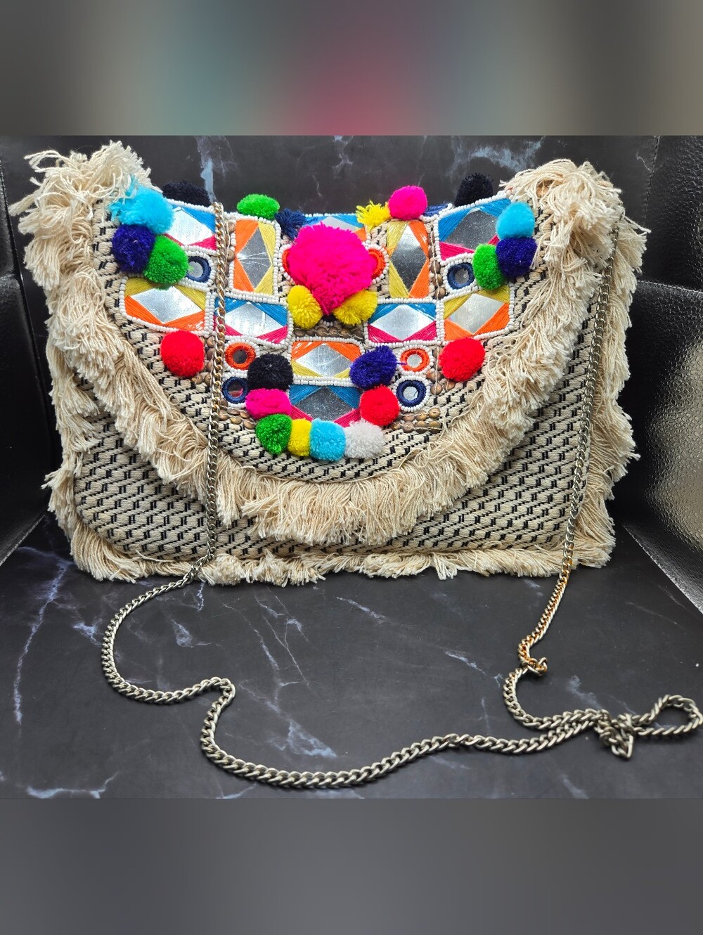 EUC Circus by Sam Edelman Boho Beaded Mirror Pom Pom Crossbody Clutch
